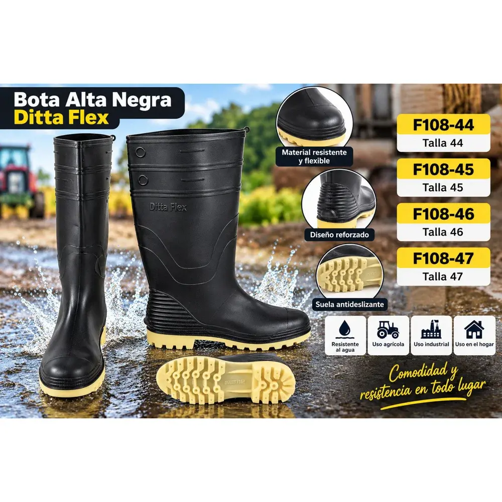 Bota de hule alta Ditta Flex negra (tallas 37 a 47)