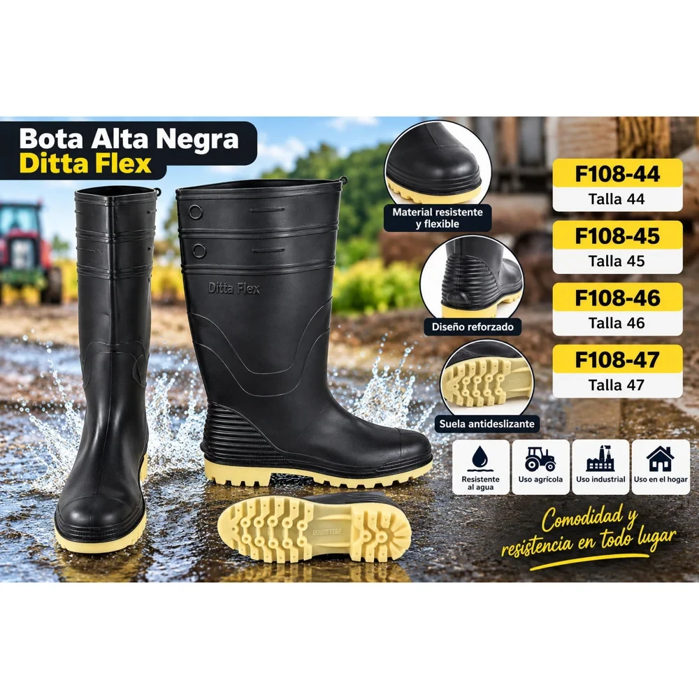 Bota de hule alta Ditta Flex negra (tallas 37 a 47)