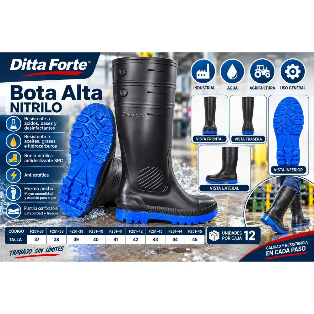 Bota de hule alta Ditta Forte de nitrilo, suela azul (tallas 37 a 45)