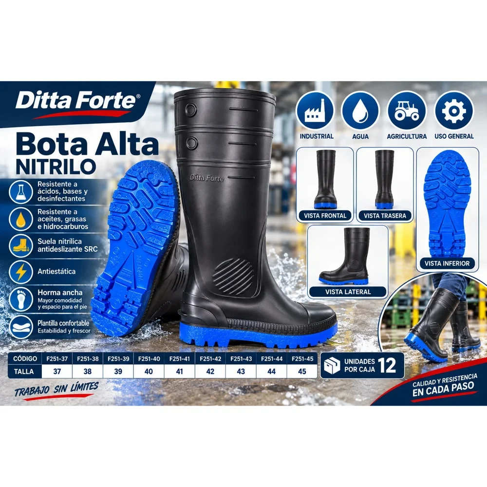 Bota de hule alta Ditta Forte de nitrilo, suela azul (tallas 37 a 45)
