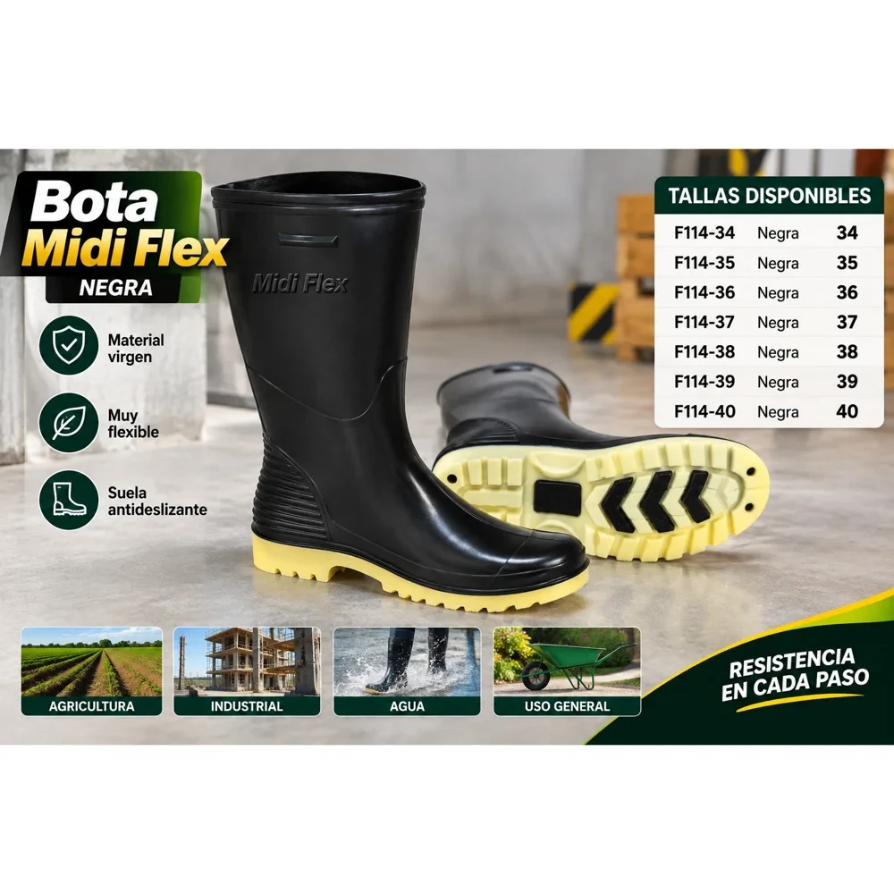 Bota de hule media caña Midi Flex negra (tallas 34 a 40)