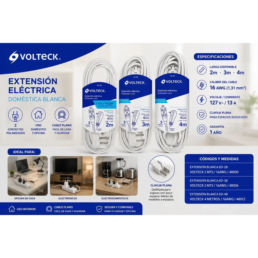 Extensión eléctrica blanca 3 m, calibre 16