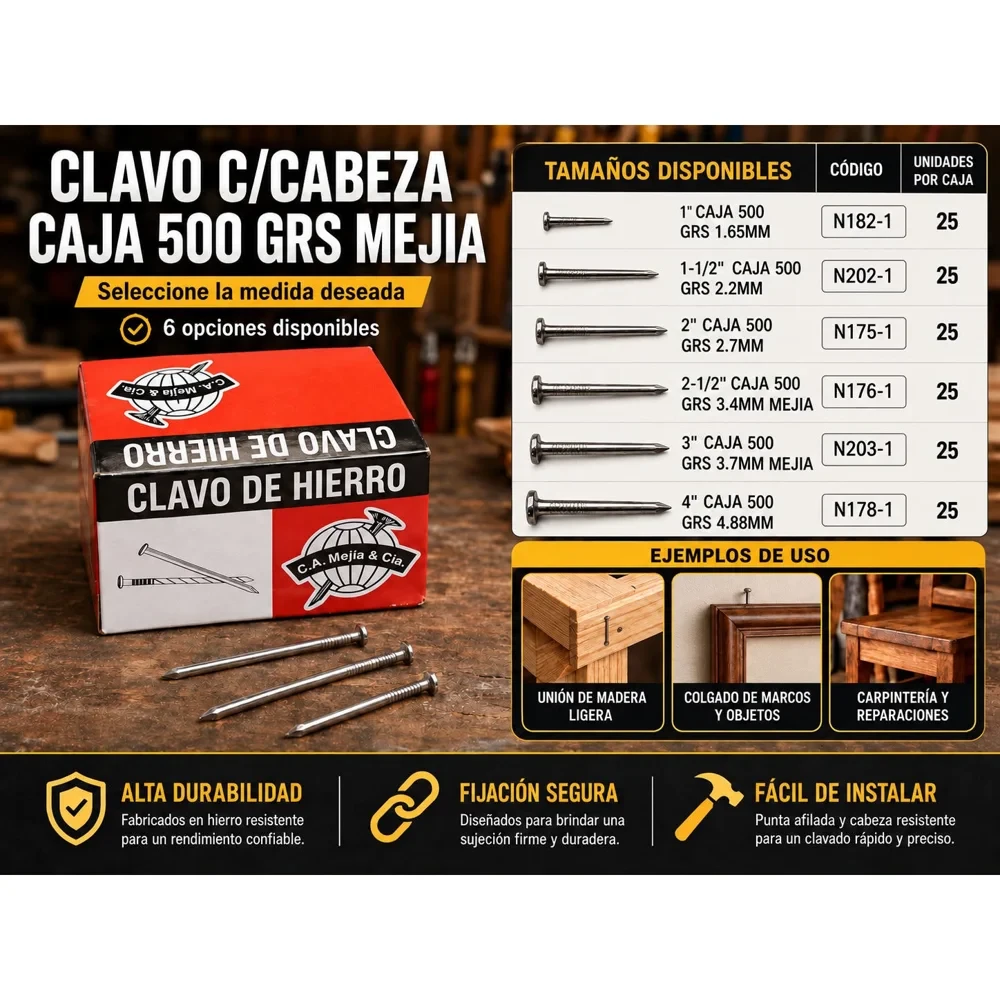 Clavo con cabeza 1", caja de 500 g