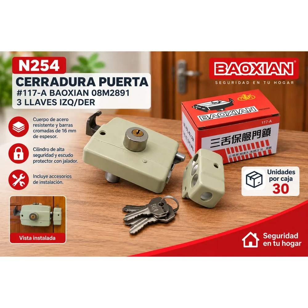 Cerradura de sobreponer para puerta con 3 llaves