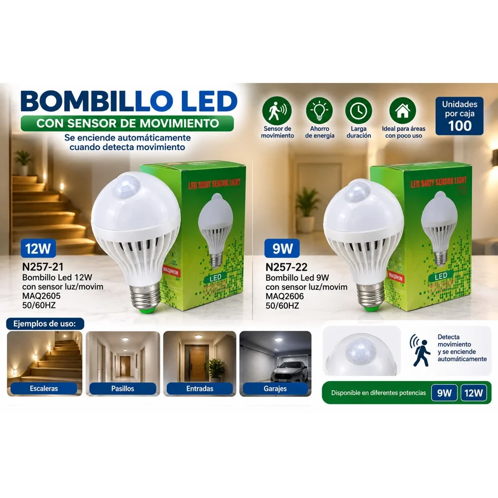 Bombillo LED 12 W con sensor de movimiento