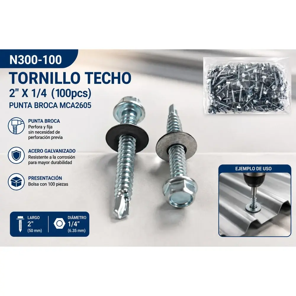 Tornillo de techo 2" × 1/4" punta broca, 100 unidades