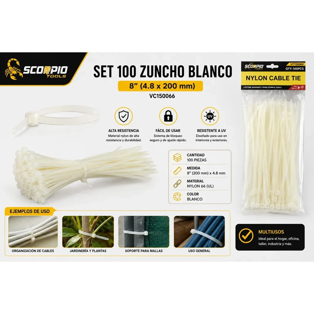 Zuncho (cincho) plástico blanco 8", 100 unidades