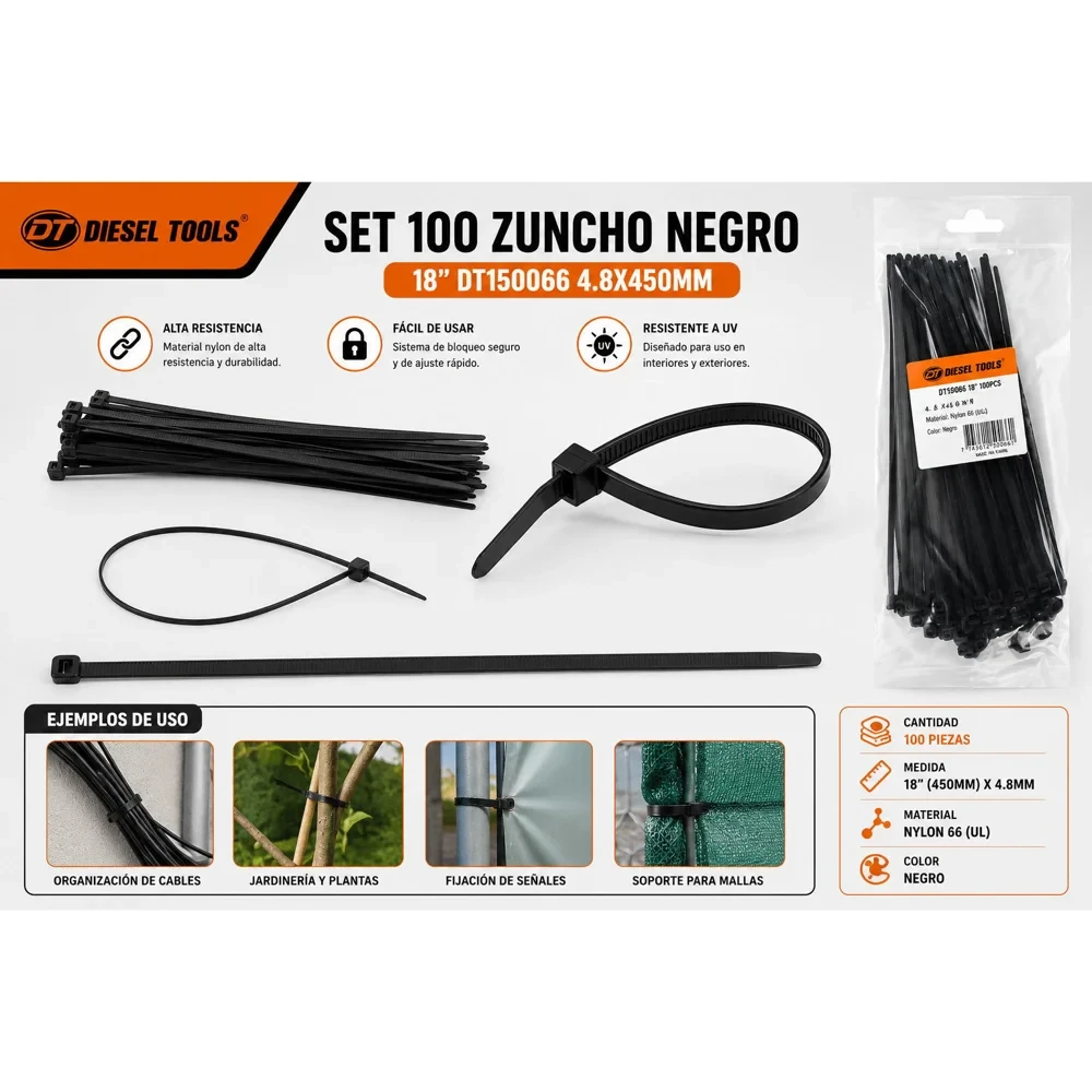 Zuncho (cincho) plástico negro 18", 100 unidades