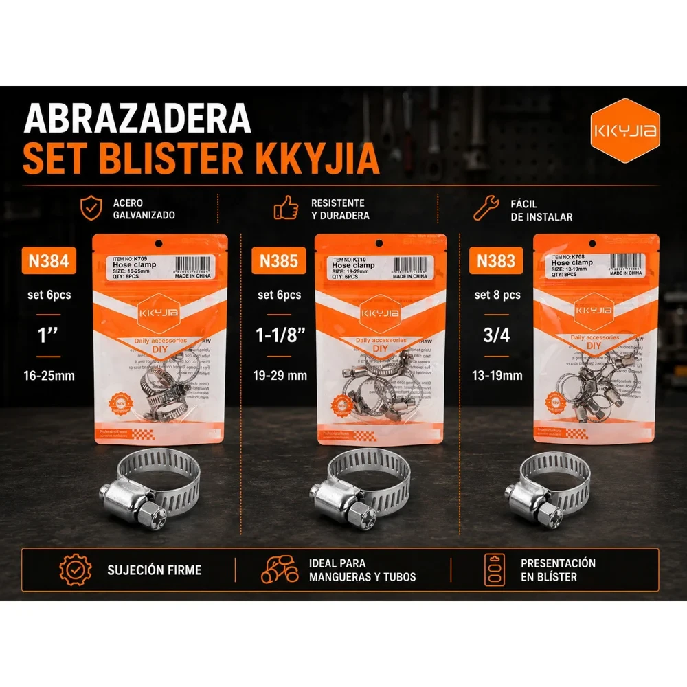 Abrazadera de acero para manguera 3/4", juego de 8
