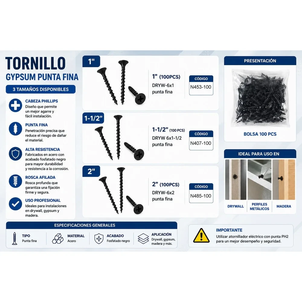 Tornillo para gypsum punta fina #6 × 1 1/2", bolsa de 100