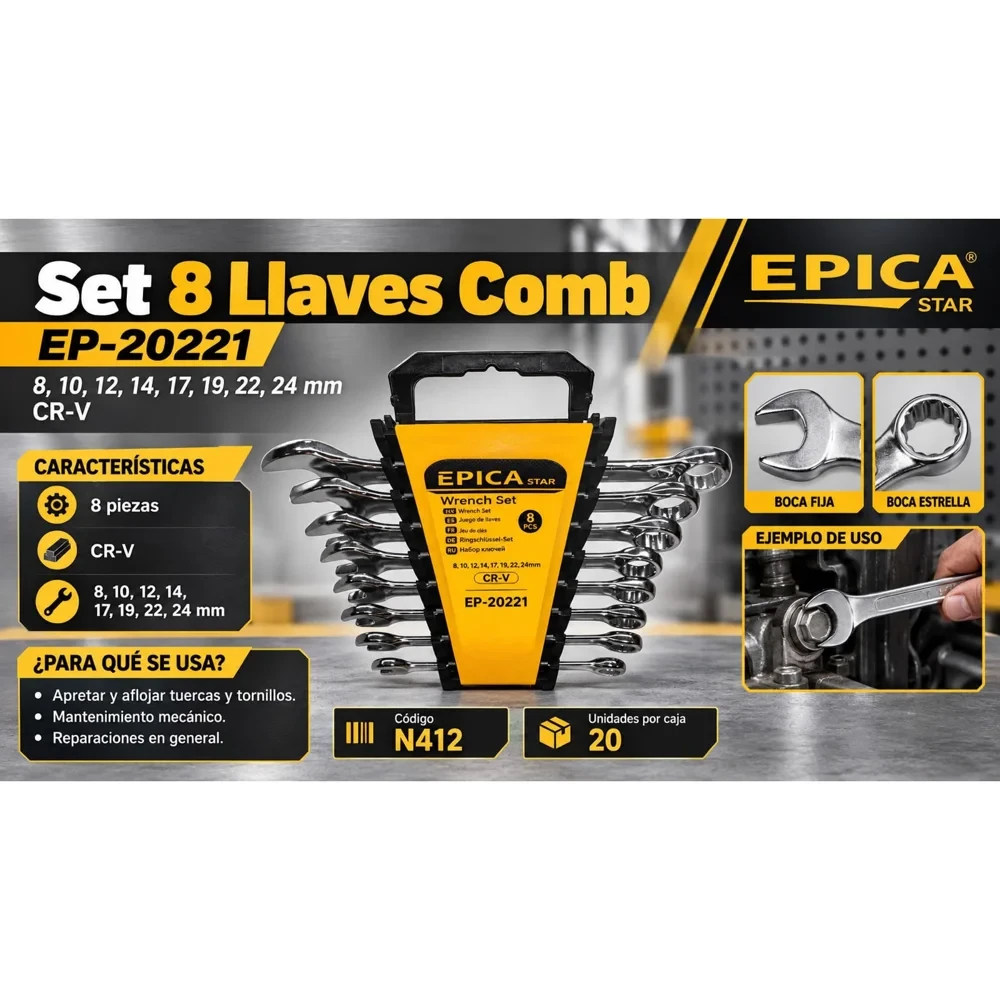 Juego de 8 llaves combinadas 8 a 24 mm, cromo vanadio