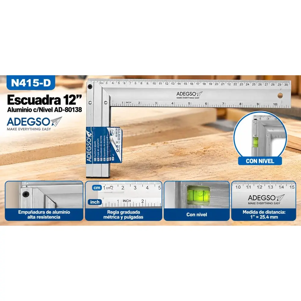 Escuadra de aluminio 12" con nivel