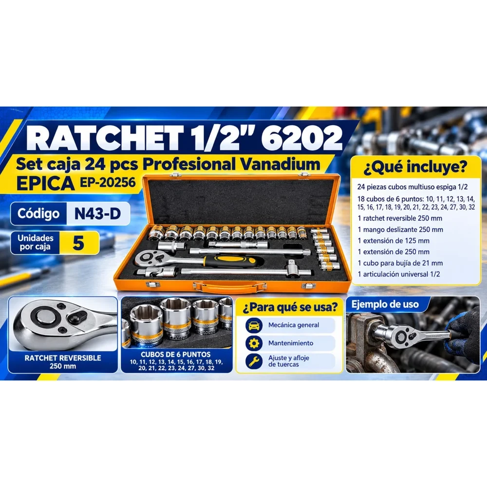 Juego de dados con ratchet 1/2", 24 piezas, en estuche