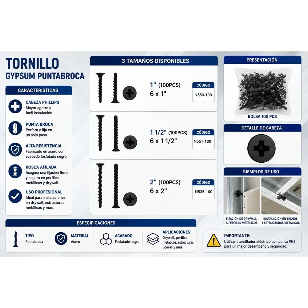 Tornillo para gypsum punta broca #6 × 2", bolsa de 100