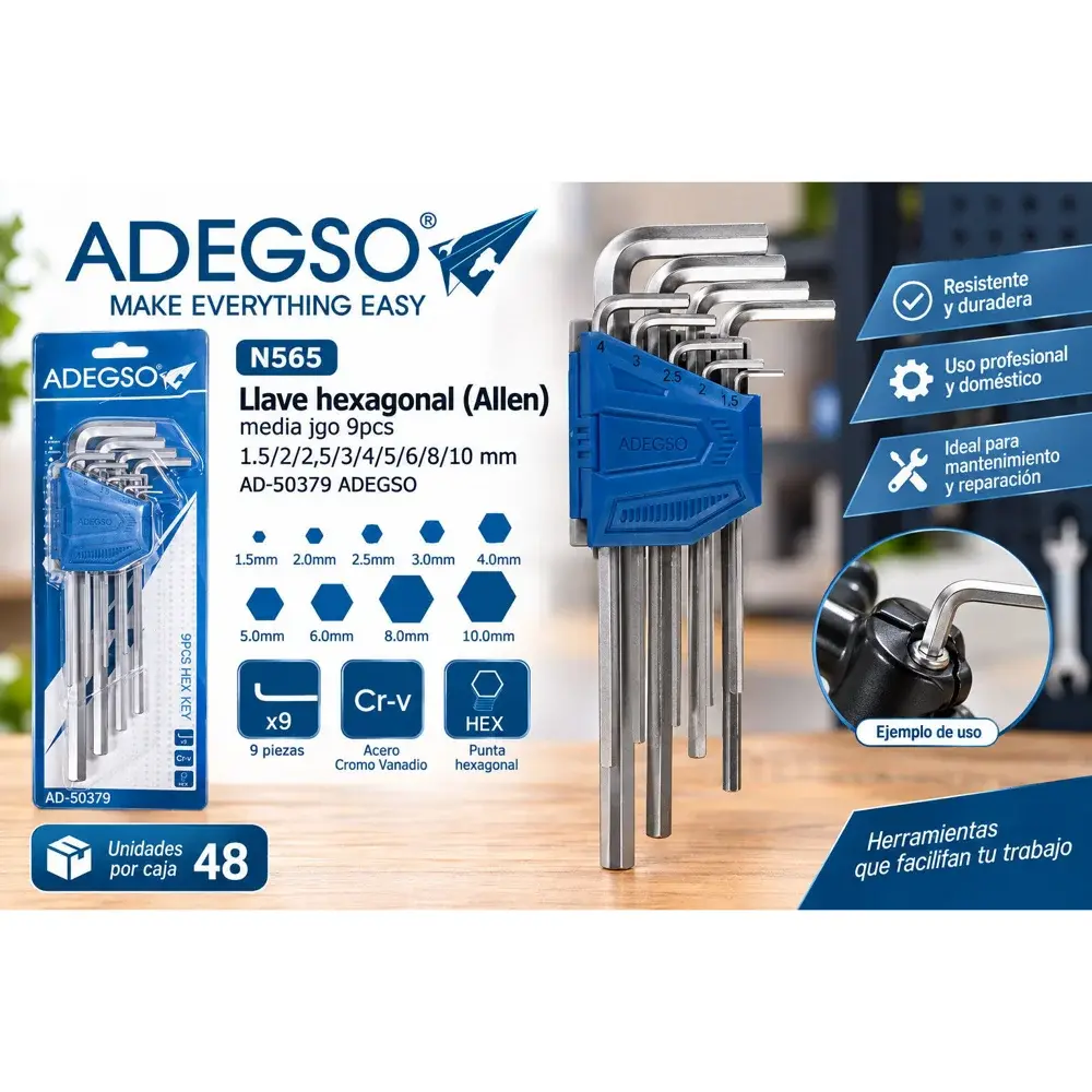 Juego de 9 llaves hexagonales (Allen) 1,5 a 10 mm