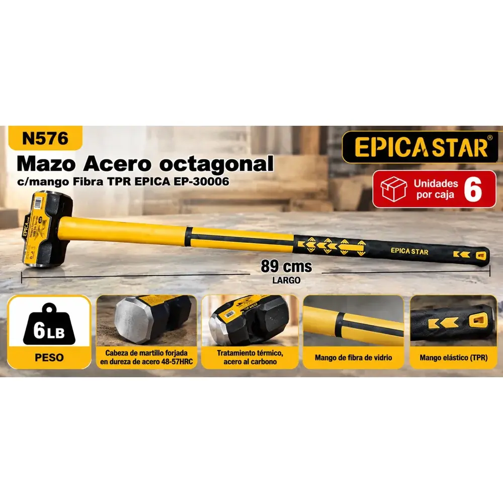 Mazo octagonal 6 lb con mango de fibra