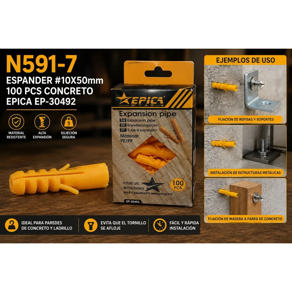 Espander (taco) #10 × 50 mm para concreto, 100 unidades