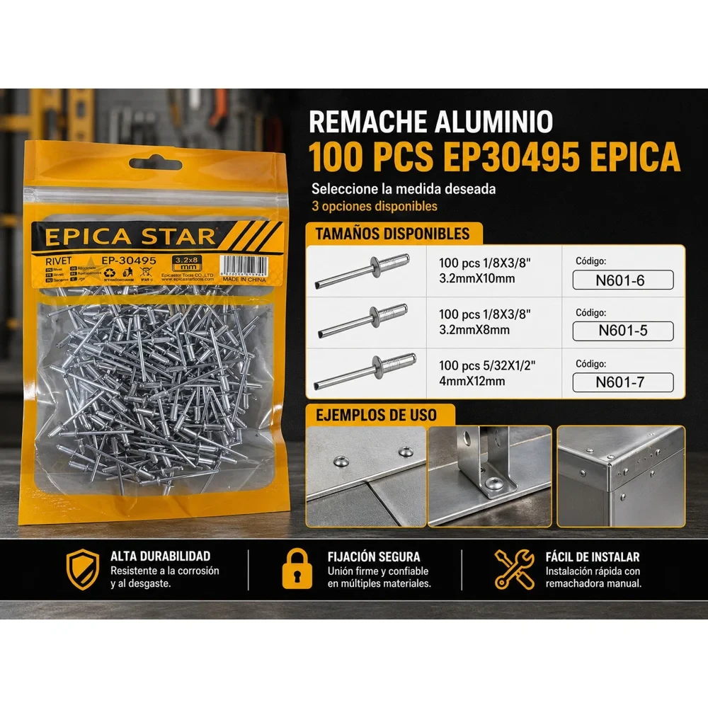 Remache pop de aluminio 5/32" × 1/2", bolsa de 100