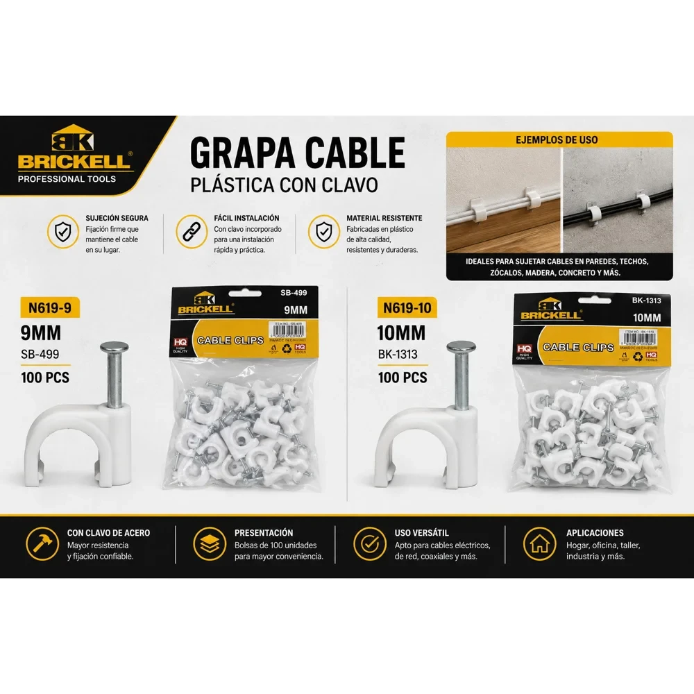 Grapa plástica para cable 9 mm, bolsa de 100