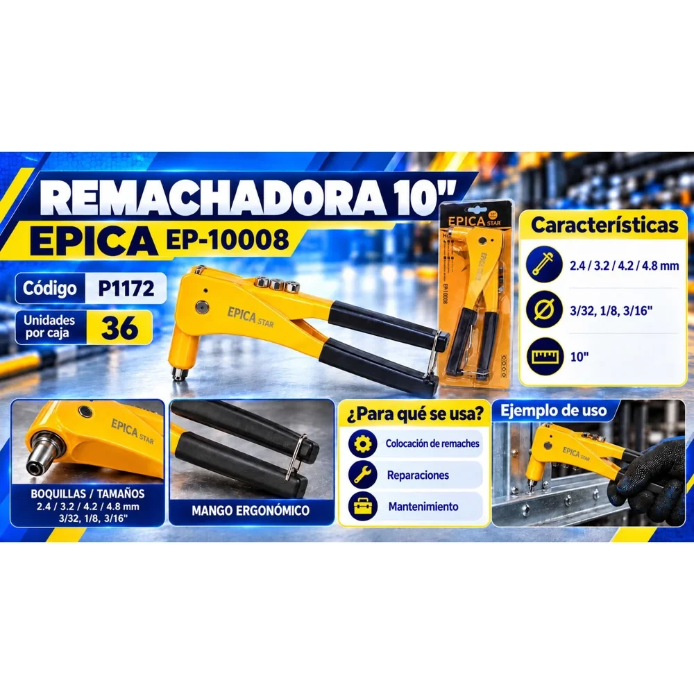Remachadora manual 10" para remaches de 2,4 a 4,8 mm