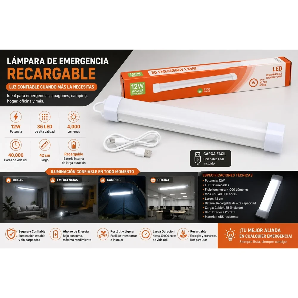 Lámpara de emergencia recargable 36 LED