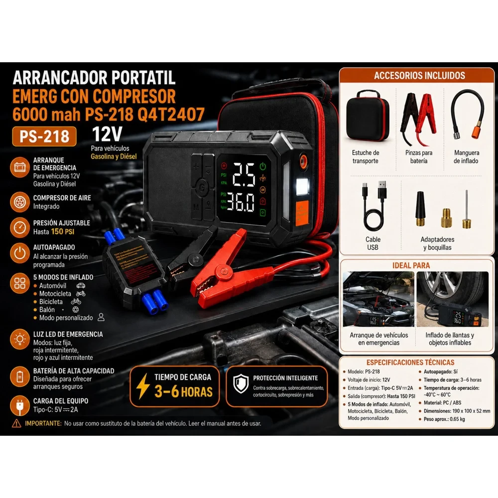 Arrancador portátil de batería con compresor