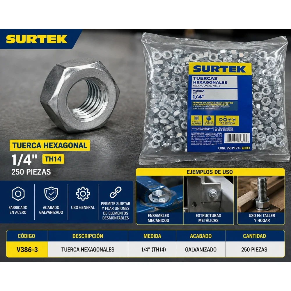 Tuerca hexagonal 1/4", 250 unidades
