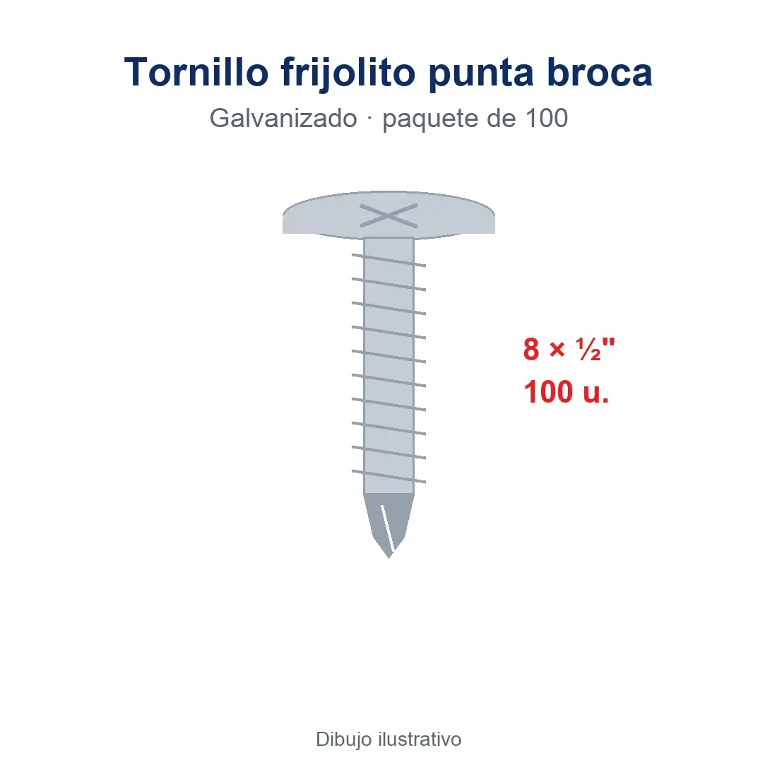 Tornillo frijolito punta broca 8 × ½" galvanizado (paquete de 100)