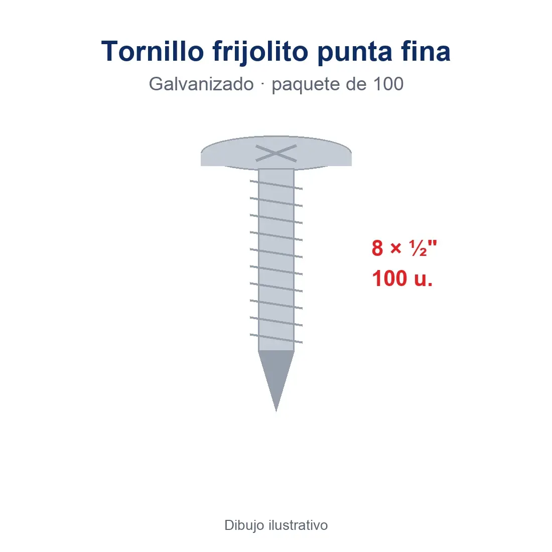 Tornillo frijolito punta fina 8 × ½" galvanizado (paquete de 100)